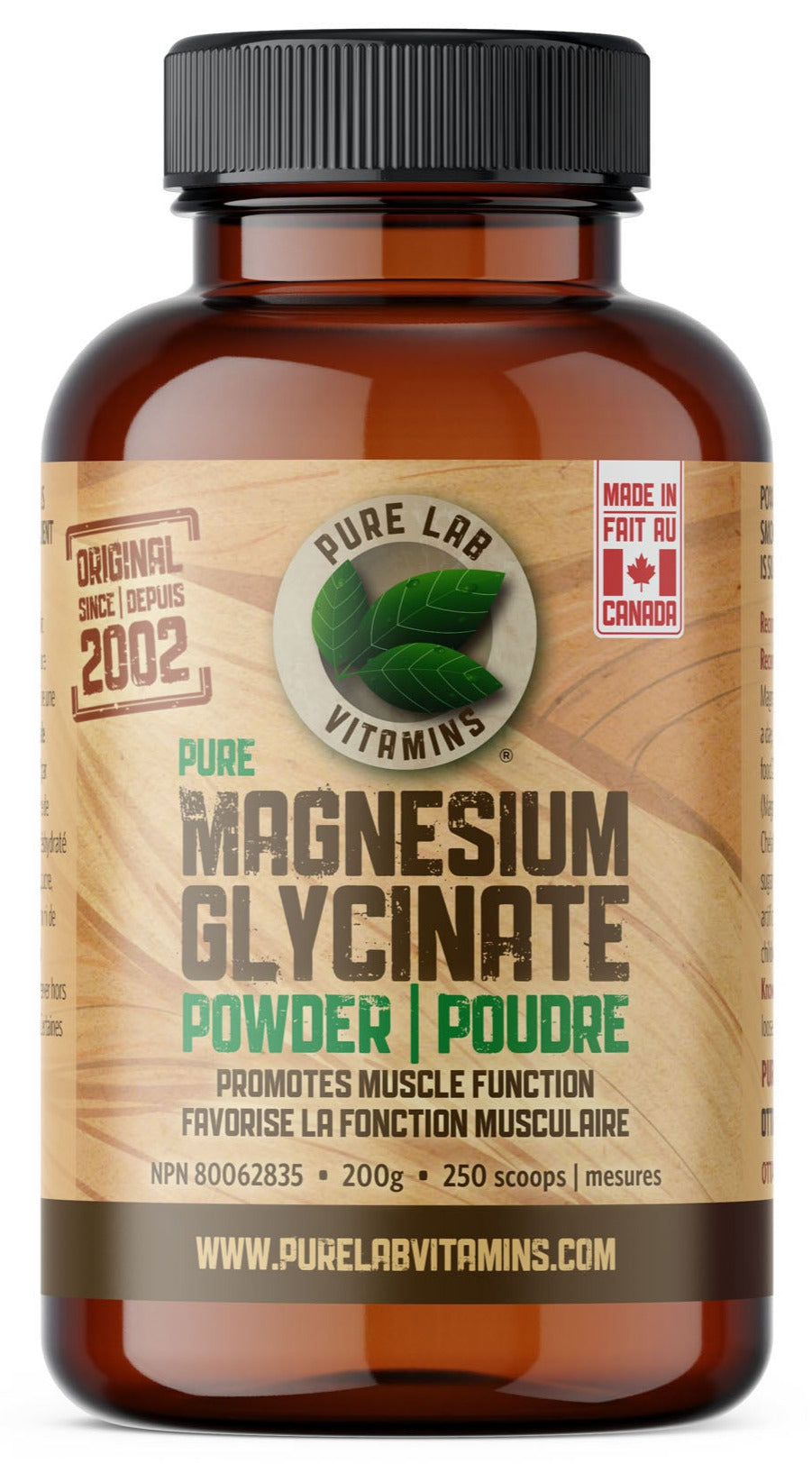 Bottle of Pure Magnesium Glycinate Powder with a brown label on a white background