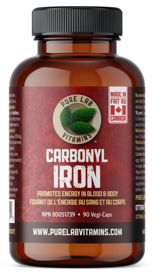 Bottle of Pure Lab Vitamins Carbonyl Iron supplement on a white background