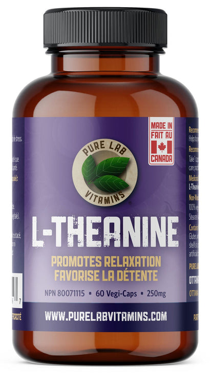 Bottle of Pure Lab Vitamins L-Theanine supplement on a white background