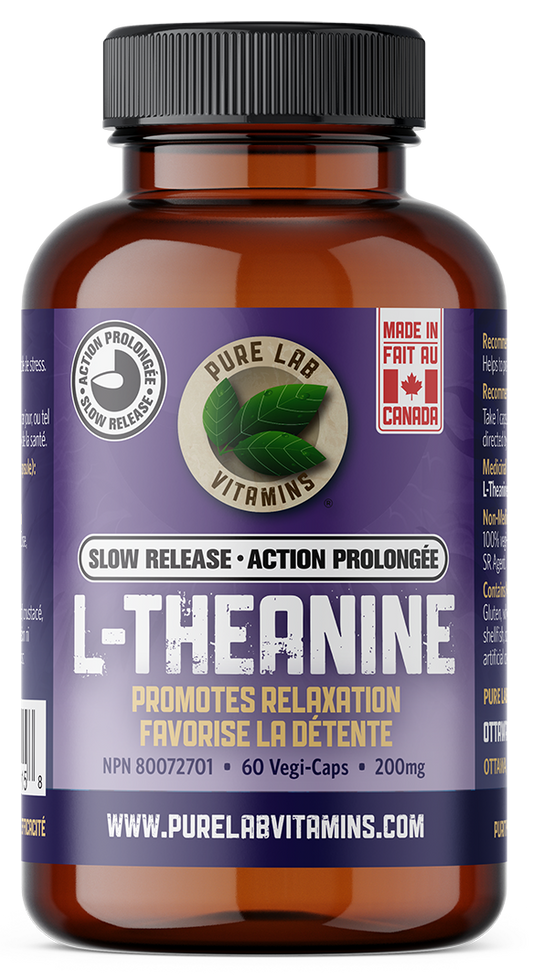 Bottle of Pure Lab Vitamins L-Theanine supplement on a white background