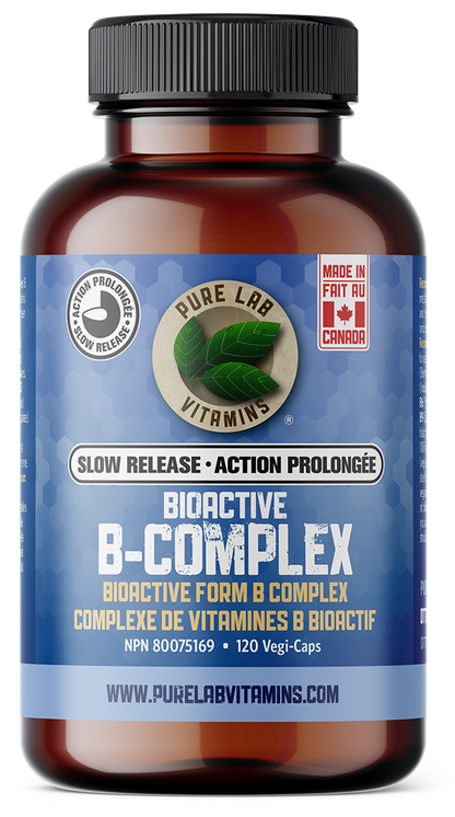 Brown supplement bottle labeled 'Bioactive B-Complex' with blue label on a white background
