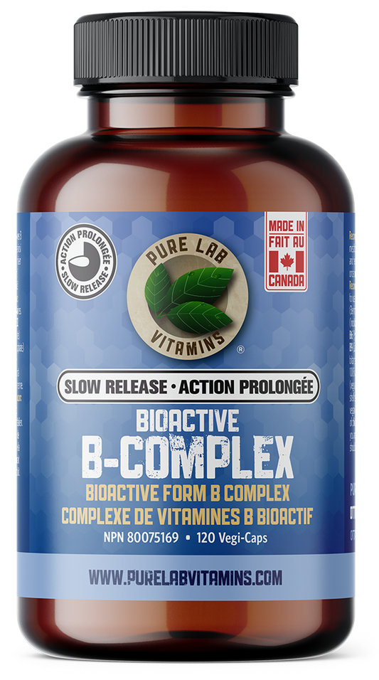 Brown supplement bottle labeled 'Bioactive B-Complex' with blue label on a white background