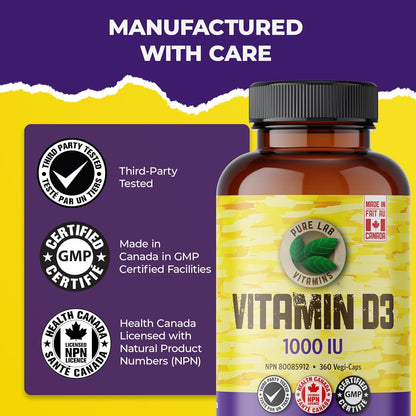 PURE LAB VITAMINS D3 (1000 IU - 360 veg caps)