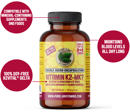 Vitamin K2-MK7 supplement bottle with text highlighting features on a white background