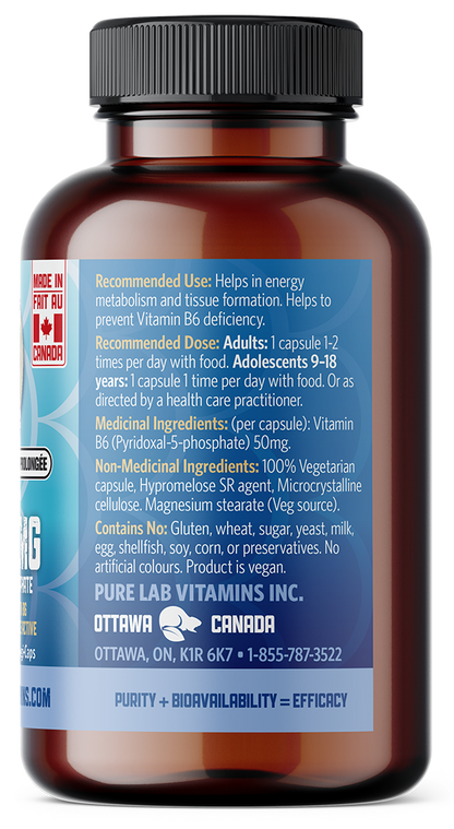 Brown supplement bottle with blue label on a white background