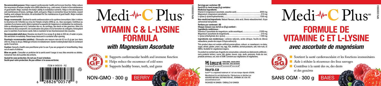 Medi-C - Vitamin C &amp; L-Lysine with Magnesium Ascorbat (Berry - 300 gr) SAVE - Short Dated (01-2026)