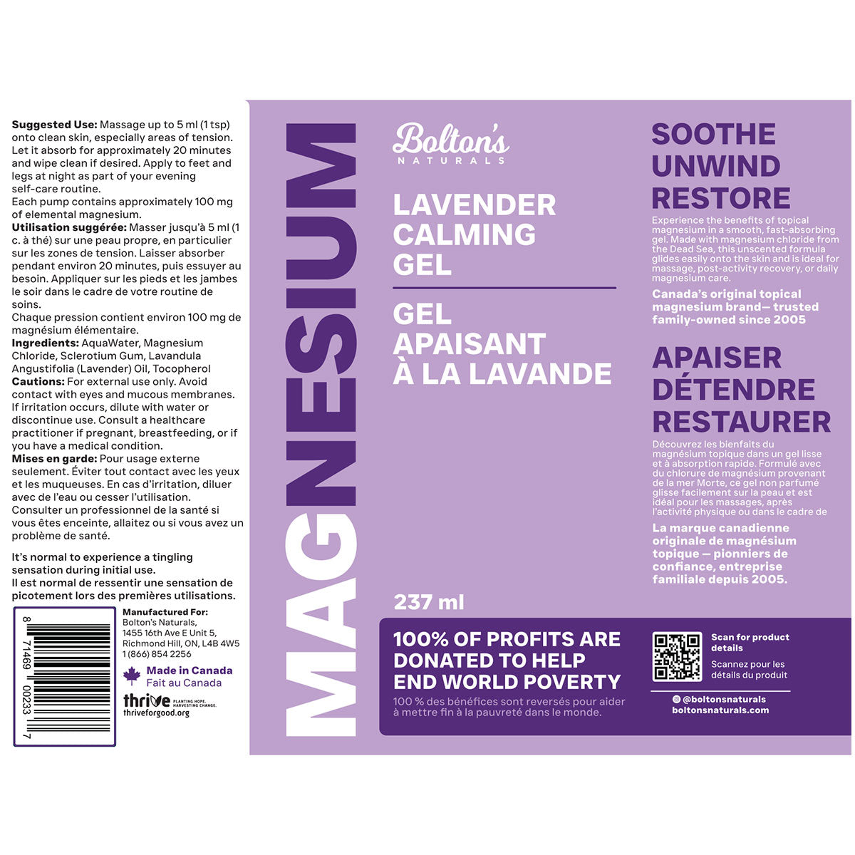 BOLTON'S Magnesium Lavender Calming Gel (237 ml)