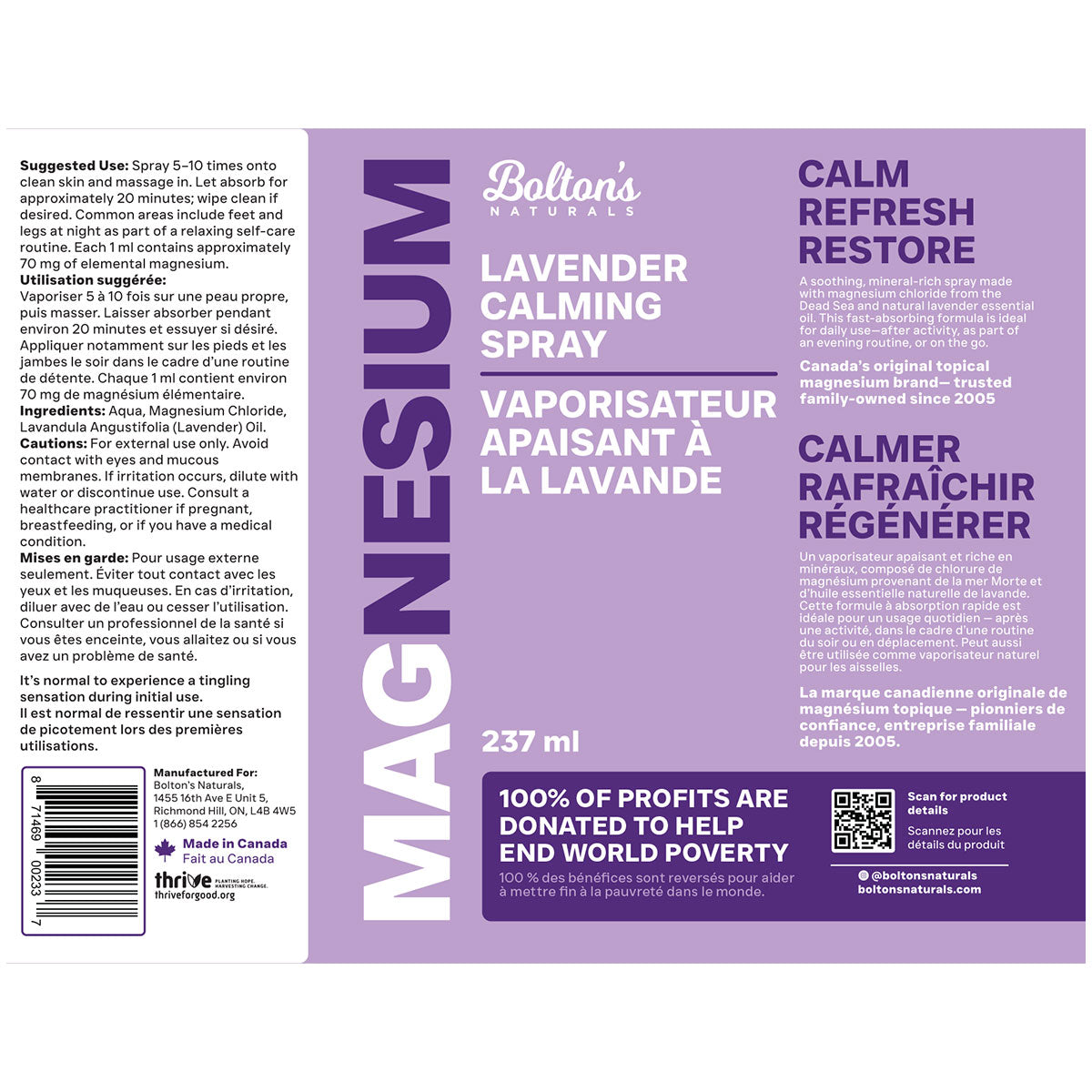 BOLTON'S Magnesium Chloride Spray w Lavender (237 ml)